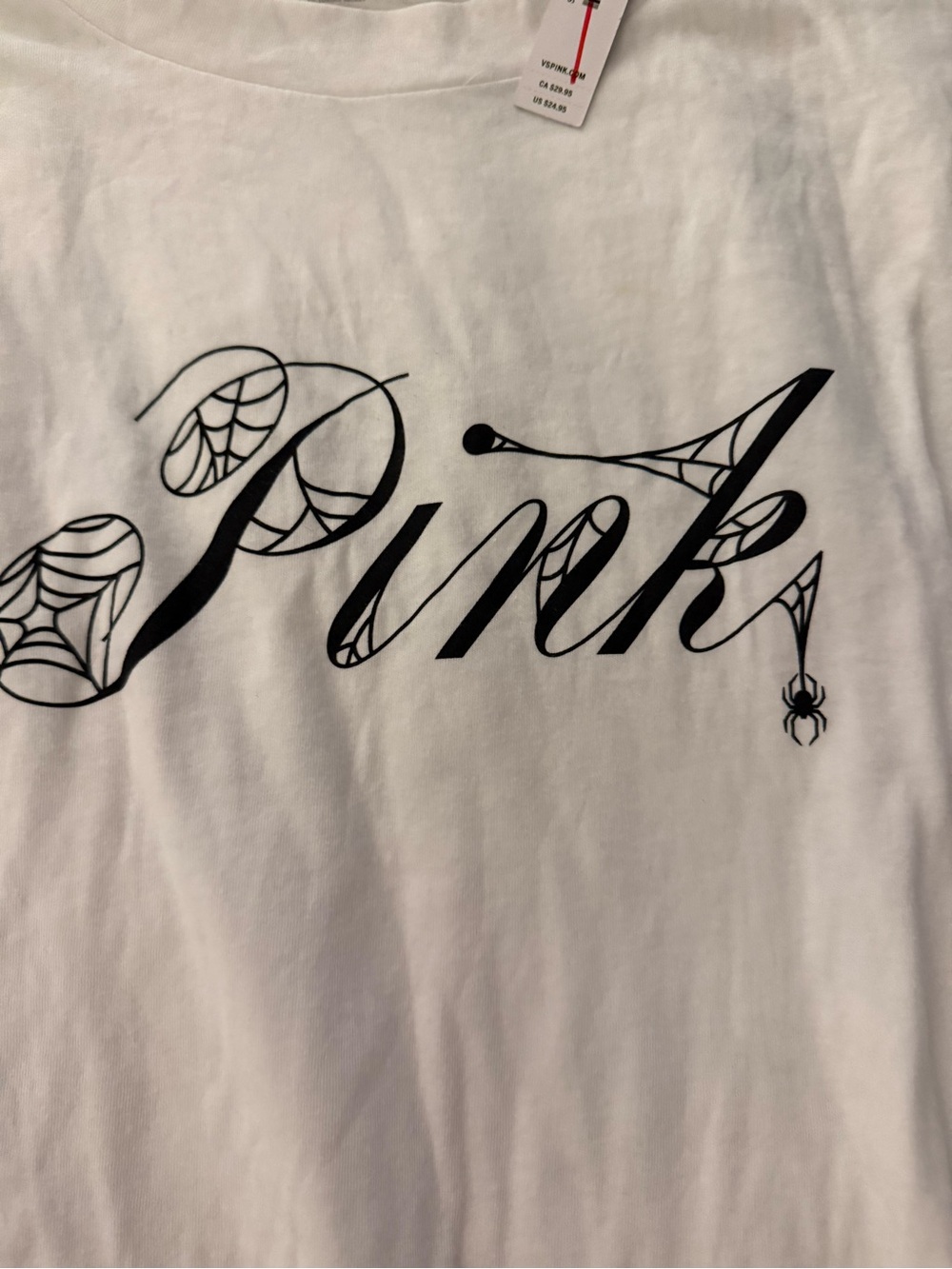 PINK Victoria's Secret White Tee with Black Spiderweb Script Logo